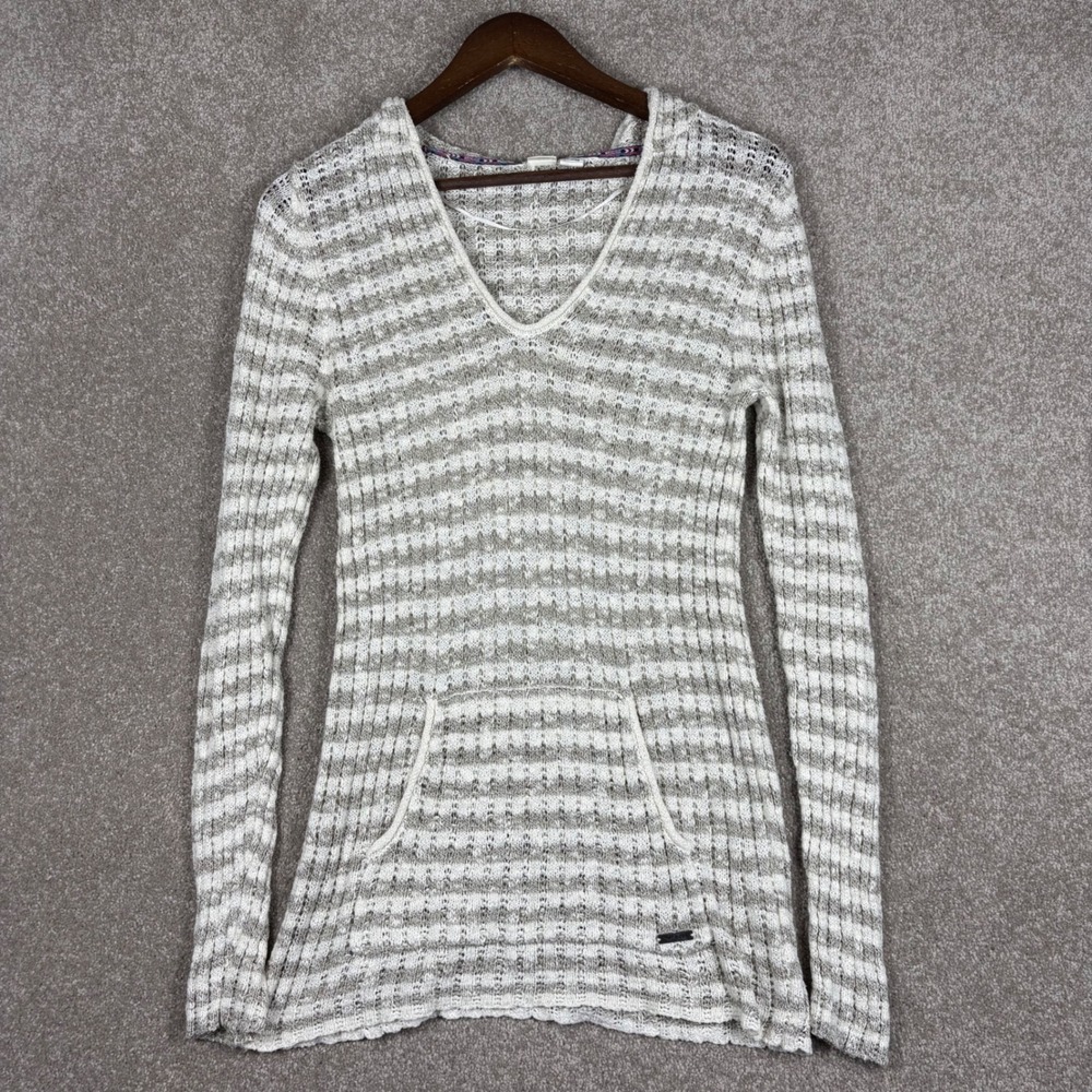 Roxy Womens XL Tan Cream Striped Open Knit V-Neck Hoodie Kangaroo Pocket Sweater